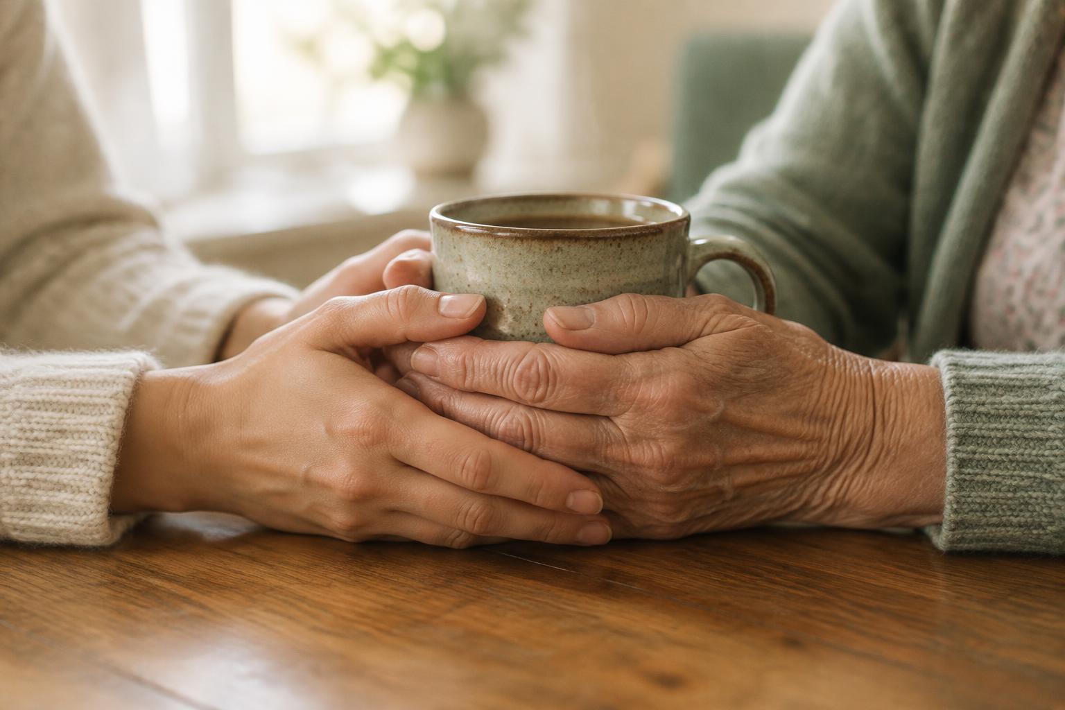 Two pairs of hands resting together around a warm mug on a kitchen table