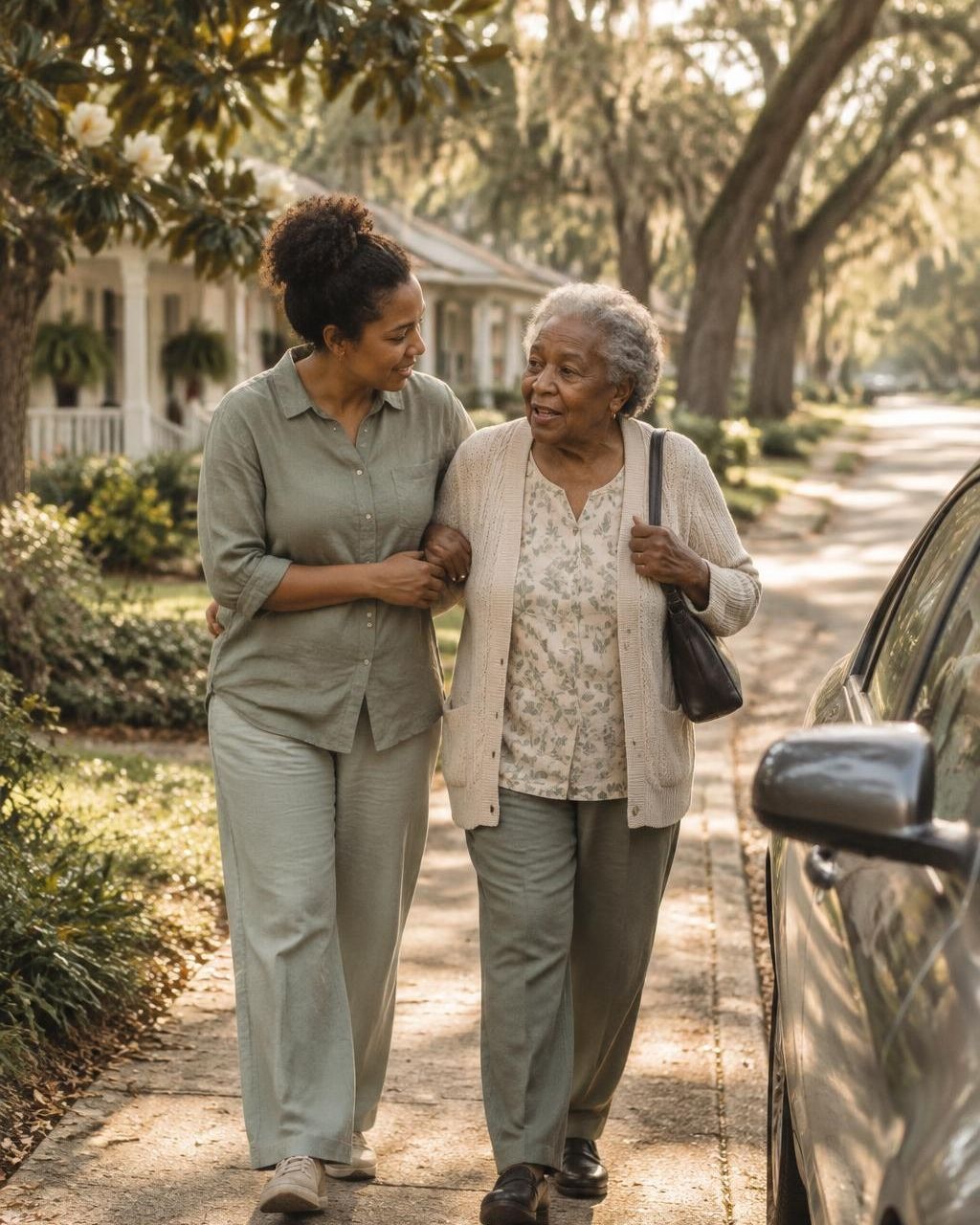 A caregiver walking arm in arm with an older woman along a tree-lined neighborhood sidewalk
